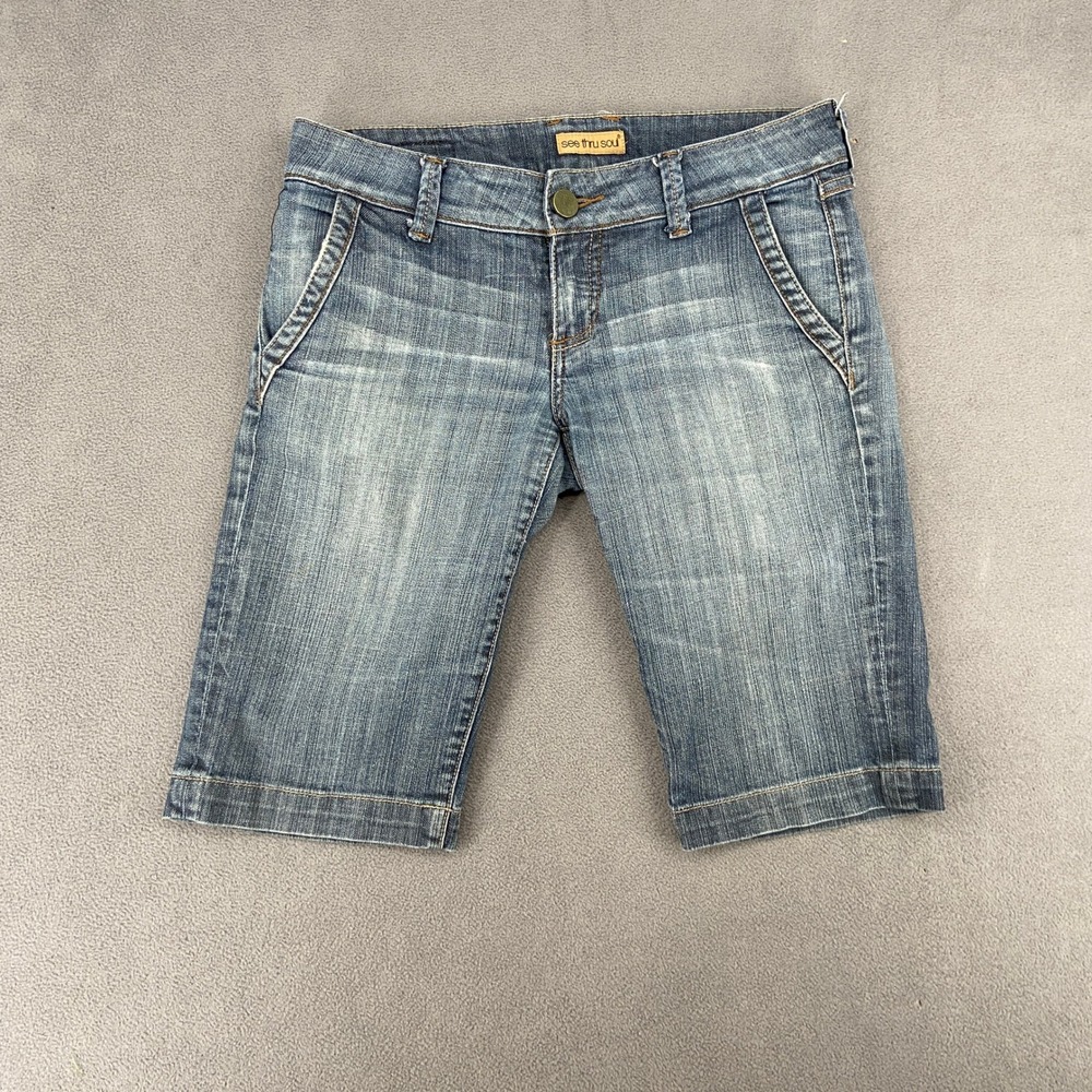 See Thru Soul Y2K Denim Bermuda Shorts Medium Wash Flap Pocket Size 27